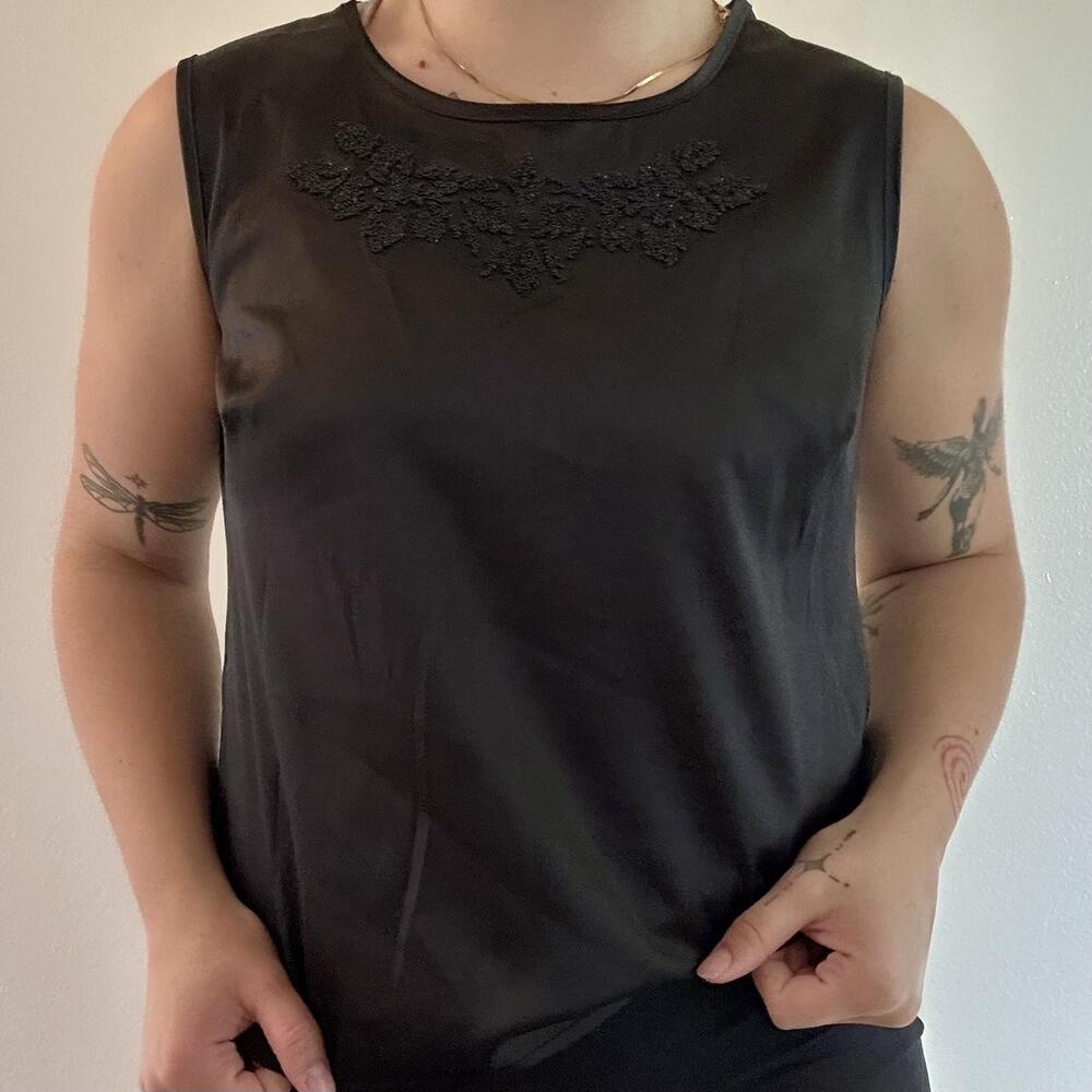 90s Black Silk Satin Lace Embroidered Tank Top – Size S